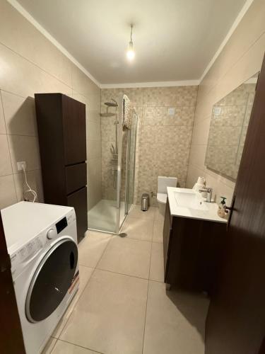 a bathroom with a washing machine and a sink at Cepas do Salgueiral - Guest House - Apartamento Centro de Tondela in Tondela