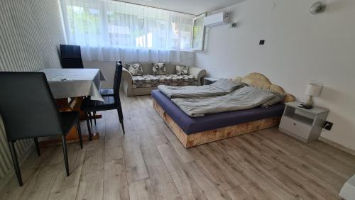a living room with a bed and a dining table at Dami Apartman in Hajdúszoboszló