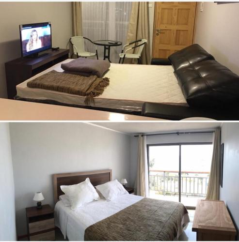two pictures of a hotel room with a bed and a television at Don Felix in Coquimbo