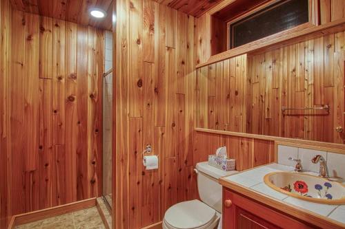 a bathroom with wooden walls and a toilet and a sink at Mountain Retreat, Panoramic Lake Views in Invermere