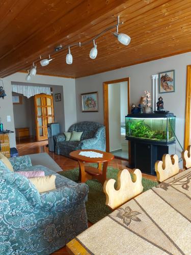 a living room with a couch and a fish tank at Pacsirta Vendégház in Tiszaderzs