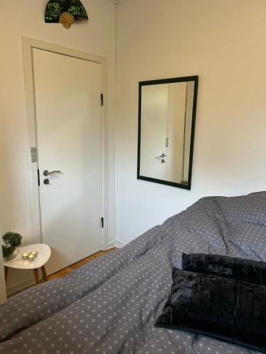 a bedroom with a bed and a mirror on the wall at Mercedes' In in Randers