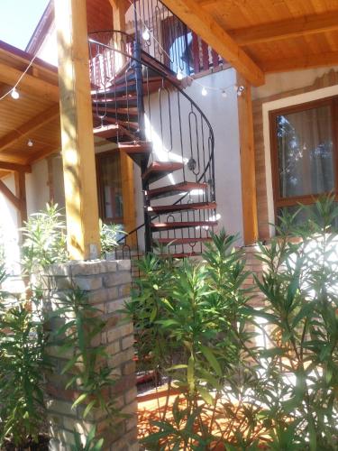 a spiral staircase on the side of a house with plants at Hagyományőrző és múltidéző porta in Báta