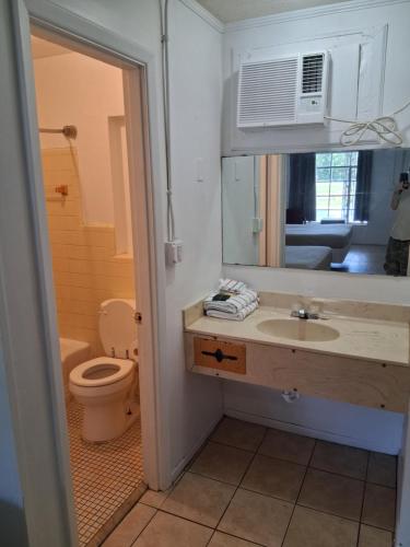 Un baño con inodoro, lavabo y microondas. en Country Inn LLC, en Townsend