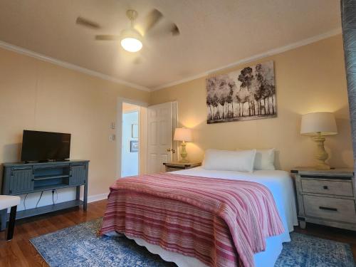 a bedroom with a bed and a flat screen tv at Downtown Cary 1930s Bungalow - Great walkability in Cary