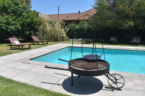 a metal bird bath next to a swimming pool at Hostal Pando in Santa Cruz