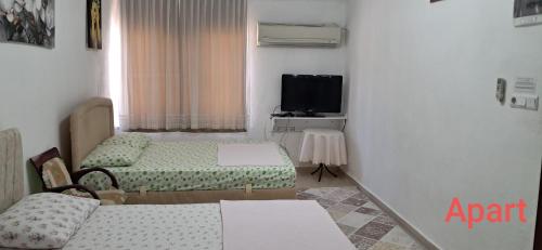 a small room with two beds and a tv at Günışığı Pansiyon & Apart in Koycegiz