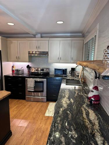 a kitchen with stainless steel appliances and wooden floors at Chalet At The Beach in Seguin 