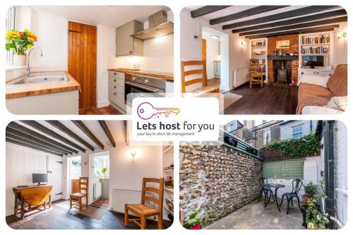 a collage of four pictures of a kitchen and a living room at Alma Cottage - 17th Century Flint Cottage in Ramsgate