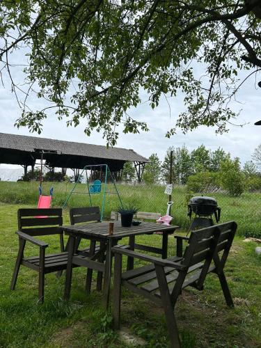 a picnic table with two chairs and a grill at Mezi Stromy in Jindřichovice