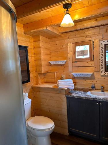 a bathroom with a toilet and a sink in a log cabin at The Pines Cottage on the Lake in Otter Lake