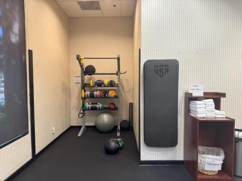 a room with a gym with a weight rack and balls at Hotel Burbank in Burbank