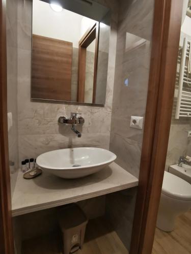 a bathroom with a sink and a mirror and a toilet at Da Nonna Iolanda in Caiazzo