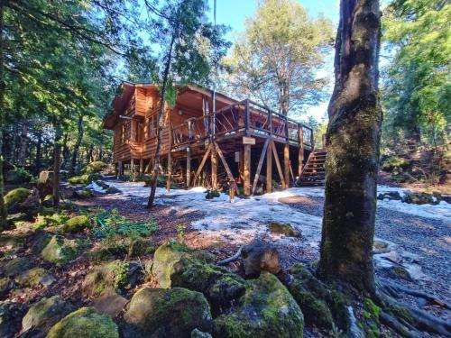 a log cabin in the woods with a bridge at Cabañita del Árbol Cóndor in Las Trancas