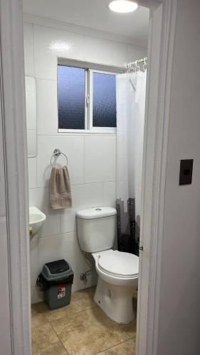 a white bathroom with a toilet and a sink at Cabaña central a pasos del terminal in Valdivia