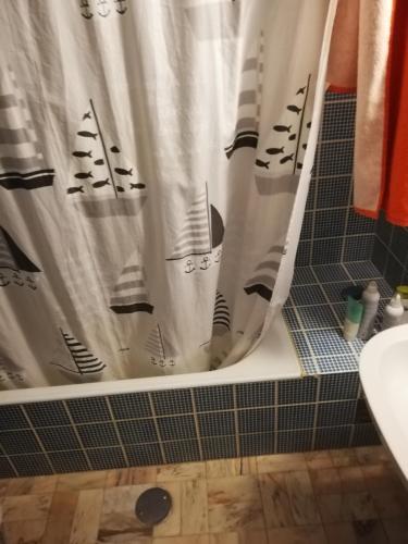 a shower curtain with a boat on it in a bathroom at Alvorada Divinal in Alvor