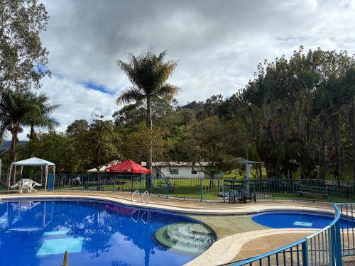 a swimming pool at a resort with a palm tree at Cabañas Gachalá - Centro vacacional El jazmín in Gachalá