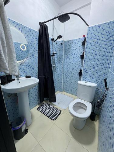 a blue tiled bathroom with a toilet and a shower at alojamiento en tanger bab Andaluz 3 in Tangier