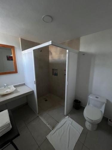 a bathroom with a shower and a toilet and a sink at Gran Palma Residencial in Acapulco