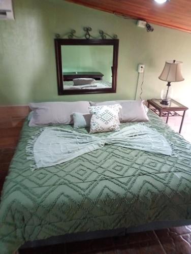 a bedroom with a large bed with a mirror on the wall at Casa Morpho Vacation Home in Liberia in Liberia