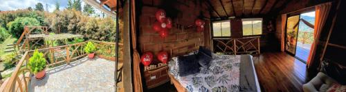two pictures of a room with a bed and a balcony at Glamping en Medellín - Kinsho Glamping - Cabaña con Jacuzzi privado in Medellín