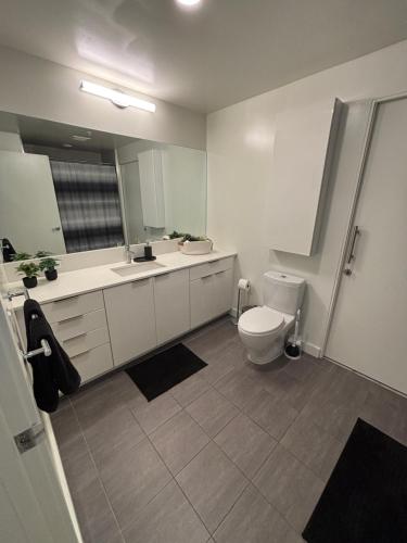 ロサンゼルスにあるBeautiful 1BR - DTLA!!のトイレ、洗面台、鏡を備えたバスルーム