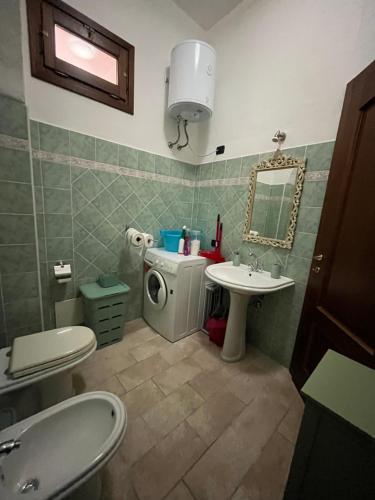 un bagno con lavandino e lavatrice di Casa La Pavoncella a Orosei