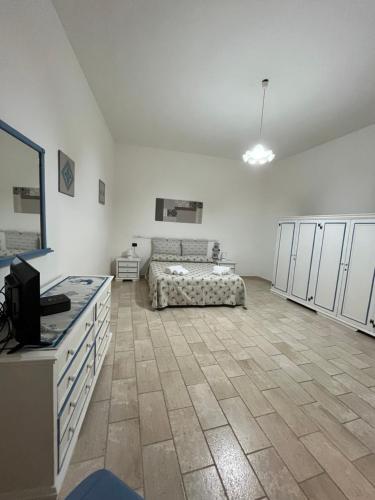 a large white room with a bed and a kitchen at Casa La Pavoncella in Orosei