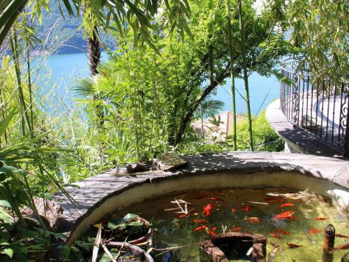 a koi pond in a garden next to the water at Barony Le Pergole Lugano Villa for 8 persons in Lugano