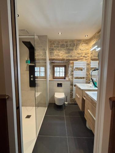 a bathroom with a toilet and a glass shower at Hôtel-Restaurant Le Manoir De Montesquiou in La Malène