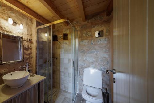 a bathroom with a toilet and a glass shower at Arapakis Historic Castle in Pirgos Dhirou