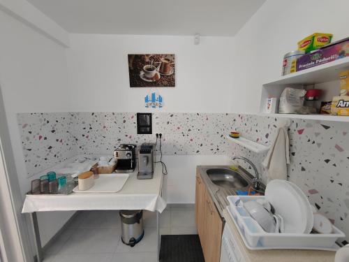 a small kitchen with a sink and a counter at Casa BEYAZ in Mangalia