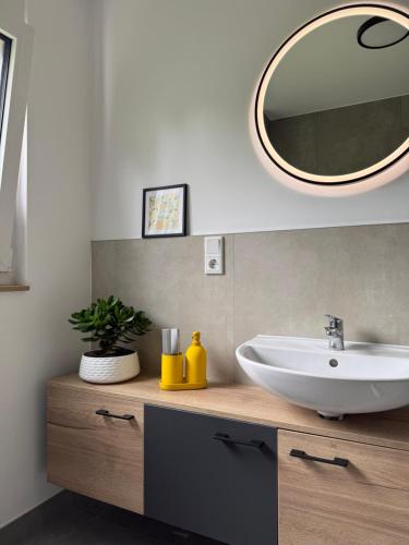 a bathroom with a sink and a mirror at Pro Home FeWo Hiddenhausen in Hiddenhausen