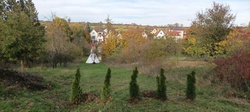 a wedding dress in a field with trees and houses at Teepee na Fléčku in Uherské Hradiště