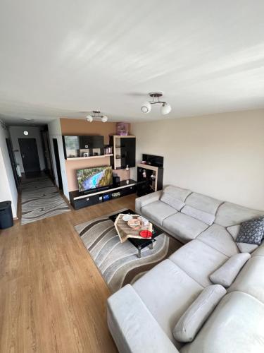 a living room with a couch and a tv at Apartament 3 camere Untold 7-11Aug in Floreşti