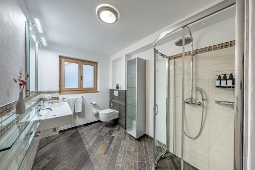 a bathroom with a shower and a toilet and a sink at Ride Inn Verbier - B&B - private room and ensuite bathroom in Verbier