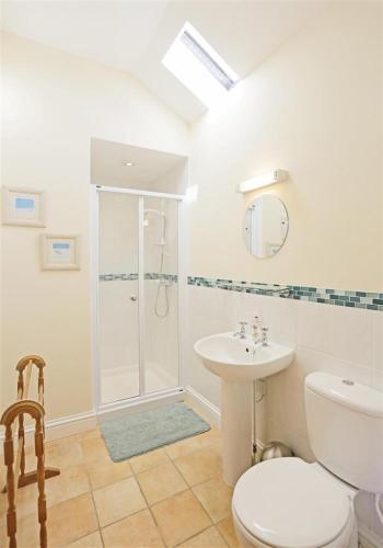 a bathroom with a shower and a toilet and a sink at The Cartshed in Wangford