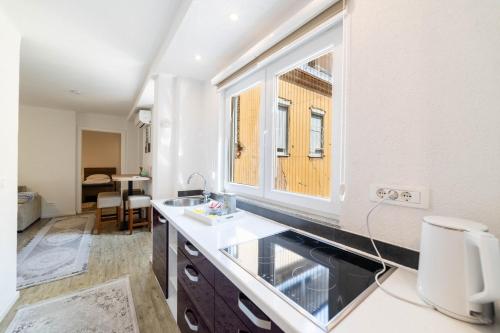 サラエボにあるFerhadija Residence 2-Bedroom Design apartment - Main streetのシンクと窓のあるキッチン