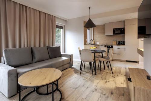 カルパチにあるApartament Premium w sercu Karpacza 10のソファとテーブルのあるリビングルーム