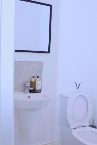 a white bathroom with a toilet and a sink at A beautiful spacious brand-new 3 Bed Guest house in Oxford City - 10mins walk to Oxford Hospitals in Oxford