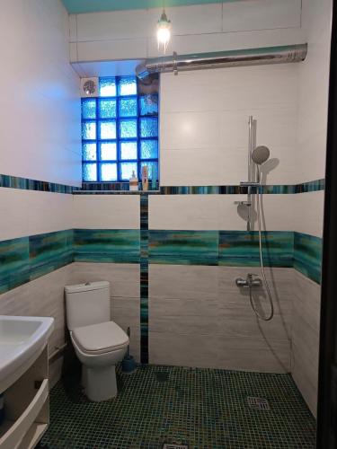 a bathroom with a toilet and a sink and a shower at Номер в доме у моря с бассейном in Odesa