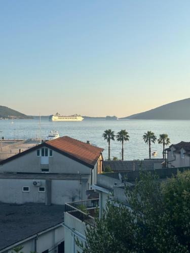 a view of a body of water with a cruise ship at Apartman Maja in Herceg-Novi
