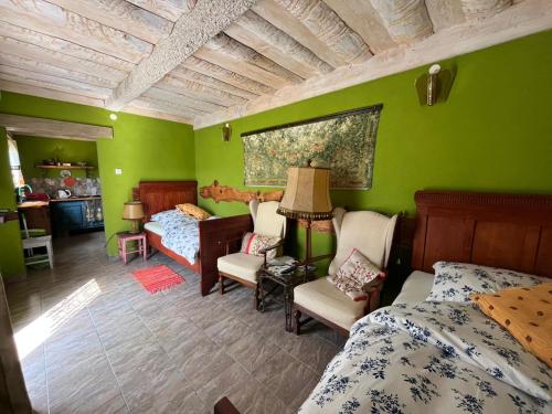 a bedroom with two beds and a green wall at Šumski Dvori Apartment in Ogulin