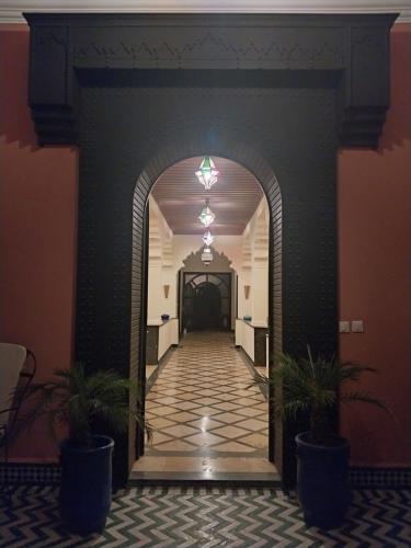a hallway with two potted plants in a building at Villa Marrakchia - Palais d'hôtes & spa in Marrakech