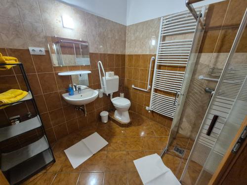 a bathroom with a toilet and a sink and a shower at Vár-Liget Vendégház in Kisnána