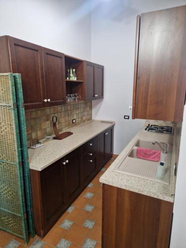 a kitchen with wooden cabinets and a sink at Casa dalle valli del castello in Ioppolo Giancaxio