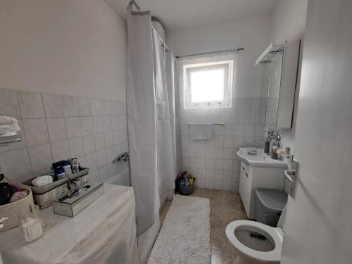 a white bathroom with a toilet and a sink at T&M Apartman in Paraćin
