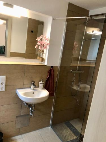 a bathroom with a sink and a shower at Ferien im Schwarzwald Dörlinbach in Dörlinbach