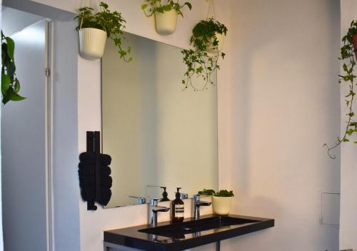 a bathroom with a sink with plants on the wall at vintage house - LGBTQ & female friendly in Vienna