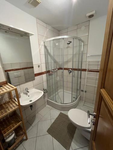 a bathroom with a shower and a toilet and a sink at Vila Tesmija in Baška